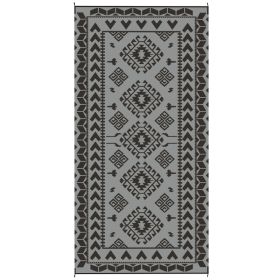 Reversible Outdoor Rug, Waterproof Plastic Straw With Carry Bag, 9 X 18, Black & Gray Rhombus Patchwork