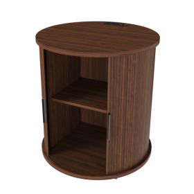 Set Of 2 Mid Century Modern Cylinder End Tables With Built-in Charging Station & Sliding Door, 2-Tier Storage Round Nightstands With USB Ports, Walnut