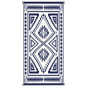 Reversible Outdoor Rug, Waterproof Plastic Straw With Carry Bag, 9 X 18, Blue & White Square Patchwork