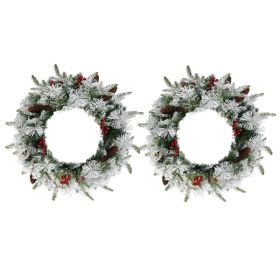 2 Pack 18in Pre-lit Snow Flocked Christmas Wreath, Lighted Artificial Xmas Wreath With 60 Warm Lights And 140 Tips And Red Berries Pine Cones, For Fro