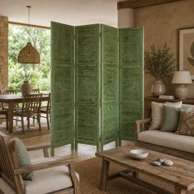84" Green Rustic Wood Folding Four Panel Screen Room Divider
