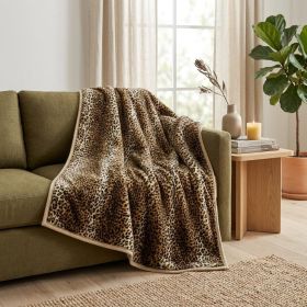 70" X 50" Black Brown And Ivory Faux Fur Leopard Plush Throw Blanket