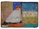 60" X 90" Blue Brown And Green Patchwork Cotton Quilted Kantha Throw Blanket with Embroidery