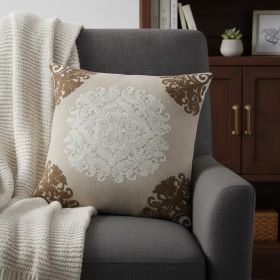 20" Beige Damask Cotton Throw Pillow