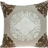 20" Beige Damask Cotton Throw Pillow