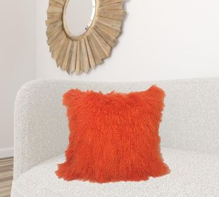 24" Orange Genuine Tibetan Lamb Fur Pillow With Microsuede Backing