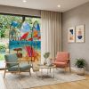 71" Blue and Beige Solid Wood Folding Three Panel Screen Room Divider