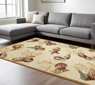 7' X 9' Beige Green And Brown Seashell and Coral Hand Tufted Area Rug