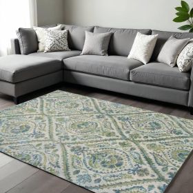 7' X 10' Green Ivory And Teal Medallion Area Rug