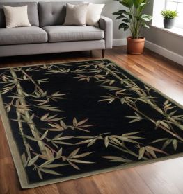 5' X 8' Black Green And Brown Wool Tropical Botanical Hand Tufted Area Rug