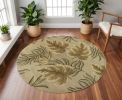 8' Sand And Beige Wool Botanical Leaves Hand Tufted Round Rug