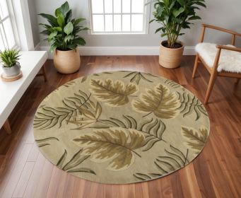 8' Sand And Beige Wool Botanical Leaves Hand Tufted Round Rug