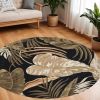 8' Black Beige And Brown Wool Botanical Leaves Hand Tufted Round Rug