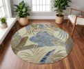 8' Ivory Blue And Brown Wool Tropical Botanical Hand Tufted Round Rug