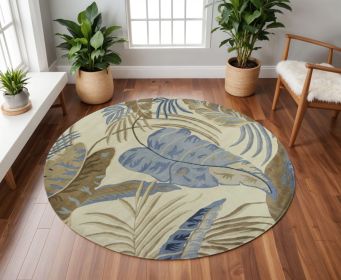 8' Ivory Blue And Brown Wool Tropical Botanical Hand Tufted Round Rug