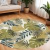 7' Ivory Green And Blue Wool Botanical Leaves Hand Tufted Round Rug