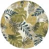 7' Ivory Green And Blue Wool Botanical Leaves Hand Tufted Round Rug