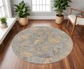 8' Gray And Taupe Wool Botanical Leaves Hand Tufted Round Rug
