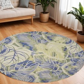 7' Blue Green And Beige Wool Tropical Botanical Hand Tufted Round Rug