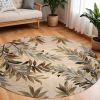 7' Ivory Brown And Blue Wool Botanical Leaves Hand Tufted Round Rug