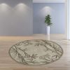 7' Ivory Green And Brown Wool Botanical Leaves Hand Tufted Round Rug
