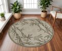 7' Ivory Green And Brown Wool Botanical Leaves Hand Tufted Round Rug