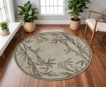 7' Ivory Green And Brown Wool Botanical Leaves Hand Tufted Round Rug