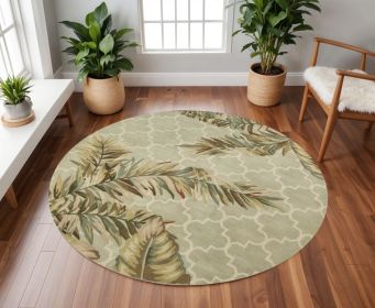 8' Sage Taupe And Green Wool Tropical Botanical Hand Tufted Round Rug