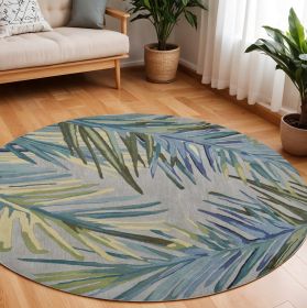 7' Blue And Gray Wool Tropical Botanical Hand Tufted Round Rug