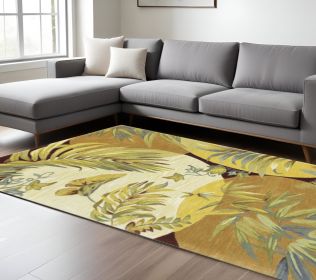 8' X 10' Coral Green And Ivory Wool Tropical Botanical Hand Tufted Area Rug
