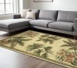 8' X 10' Ivory Green And Brown Wool Tropical Botanical Hand Tufted Area Rug