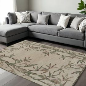 8' X 10' Ivory Green And Brown Wool Botanical Leaves Hand Tufted Area Rug