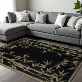 8' X 10' Black Green And Brown Wool Tropical Botanical Hand Tufted Area Rug