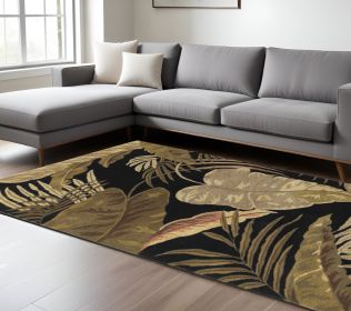 8' X 11' Black Beige And Brown Wool Botanical Leaves Hand Tufted Area Rug