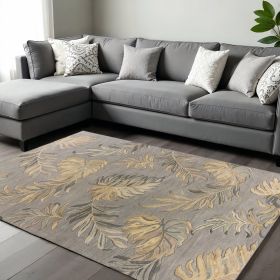 8' X 11' Gray And Taupe Wool Botanical Leaves Hand Tufted Area Rug