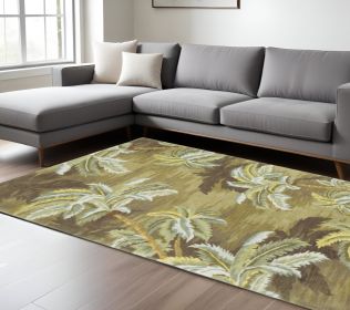 8' X 11' Moss Green And Yellow Wool Tropical Botanical Hand Tufted Area Rug