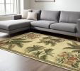 8' X 11' Ivory Green And Brown Wool Tropical Botanical Hand Tufted Area Rug