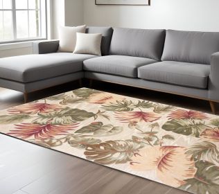9' X 12' Beige Green And Pink Wool Botanical Leaves Hand Tufted Area Rug