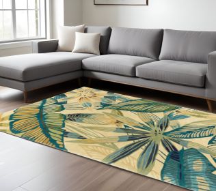 9' X 12' Ivory Teal And Green Wool Tropical Botanical Hand Tufted Area Rug