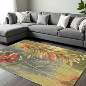 9' X 12' Blue And Green Wool Tropical Botanical Hand Tufted Area Rug