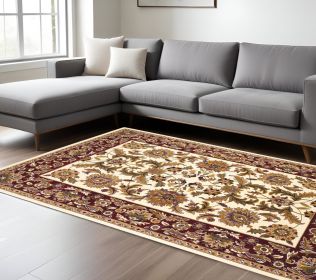 9' X 13' Ivory Red And Orange Floral Medallion Area Rug