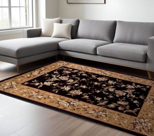 9' X 13' Tan Black And Beige Floral Vines Area Rug