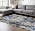 10' X 13' Gray And Navy Blue Botanical Leaves Area Rug