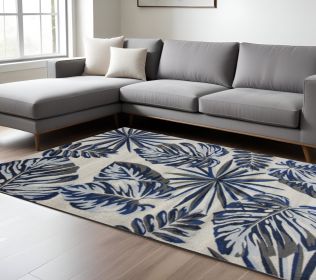 10' X 13' Gray And Blue Botanical Leaves Area Rug