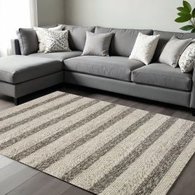 9' X 13' Brown Gray And Ivory Wool Striped Hand Woven Area Rug
