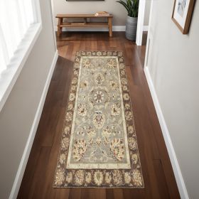 7' Gray Brown And Ivory Wool Floral Medallion Hand Tufted Runner Rug
