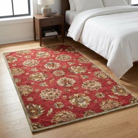 3' X 5' Sienna Gold And Green New Zealand Lambs Wool Floral Vines Hand Tufted Area Rug