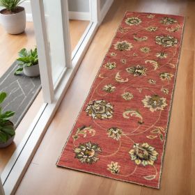 7' Sienna Gold And Green Wool Floral Vines Hand Tufted Runner Rug