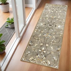 7' Gray Ivory And Brown New Zealand Lambs Wool Floral Hand Tufted Runner Rug