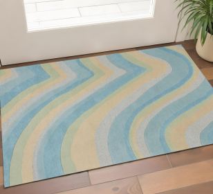 3' X 5' Blue Beige And Green Wool Abstract Hand Tufted Area Rug